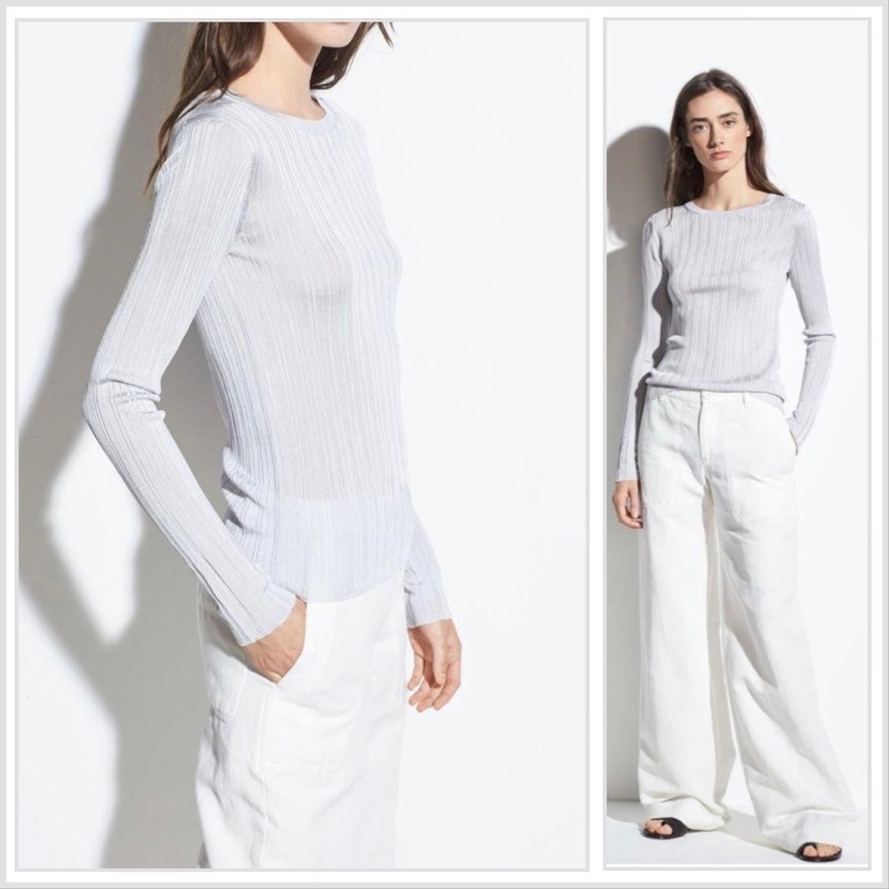 VINCE Ribbed Crew Silver Top - Picture 3 of 14